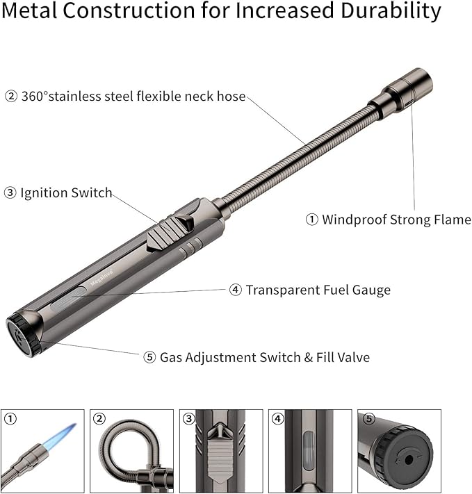 Butane Lighter Torch Long Lighter Refillable Jet Lighter Windproof Lighter with Visual Fuel Window Flexible Neck Lighter for Grill Fireplace Stove Camping Kitchen (No Butane Included) - Black