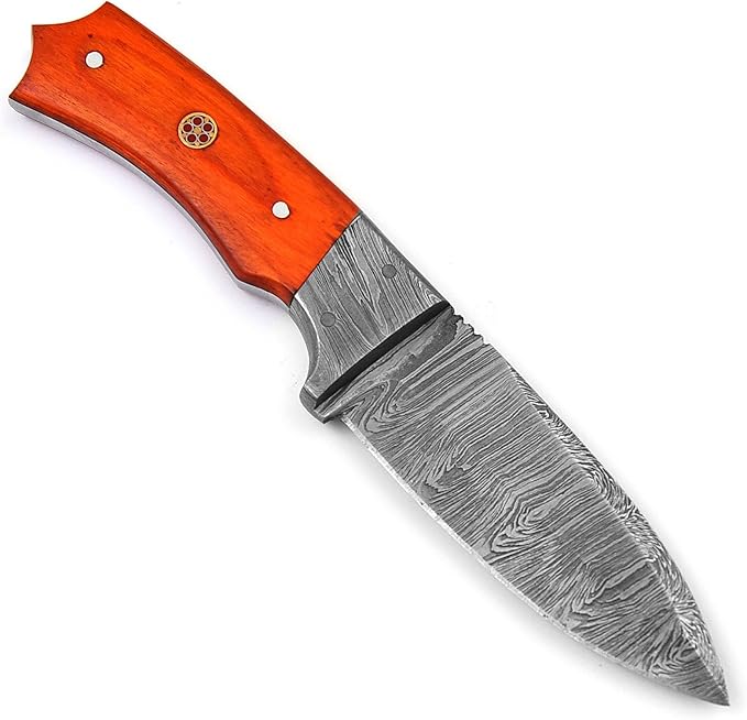 Handmade Damascus Skinning Knife with Sheath, 8-inch Fixed Blade knife Sharpener & Fire Starter for Camping, Outdoor, Bushcraft (RED HANDLE)