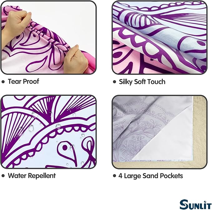 Sunlit Silky Soft 106"x81" Boho Sand Proof Beach Blanket Sand Proof Mat with Corner Pockets and Mesh Bag for Beach Party, Travel, Camping and Outdoor Music Festival, Purple Lines Pink Mandala