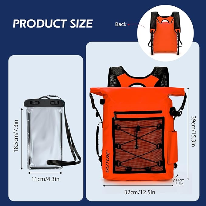 Goture Dry Bag Waterproof Backpack,20L Fishing Tackle Bag with Rod Holder,Padded Shoulder Straps and Air Exhaust Valve,500D PVC Dry Sack Bag with Phone Case for Kayaking,Boating,Fishing,Travel