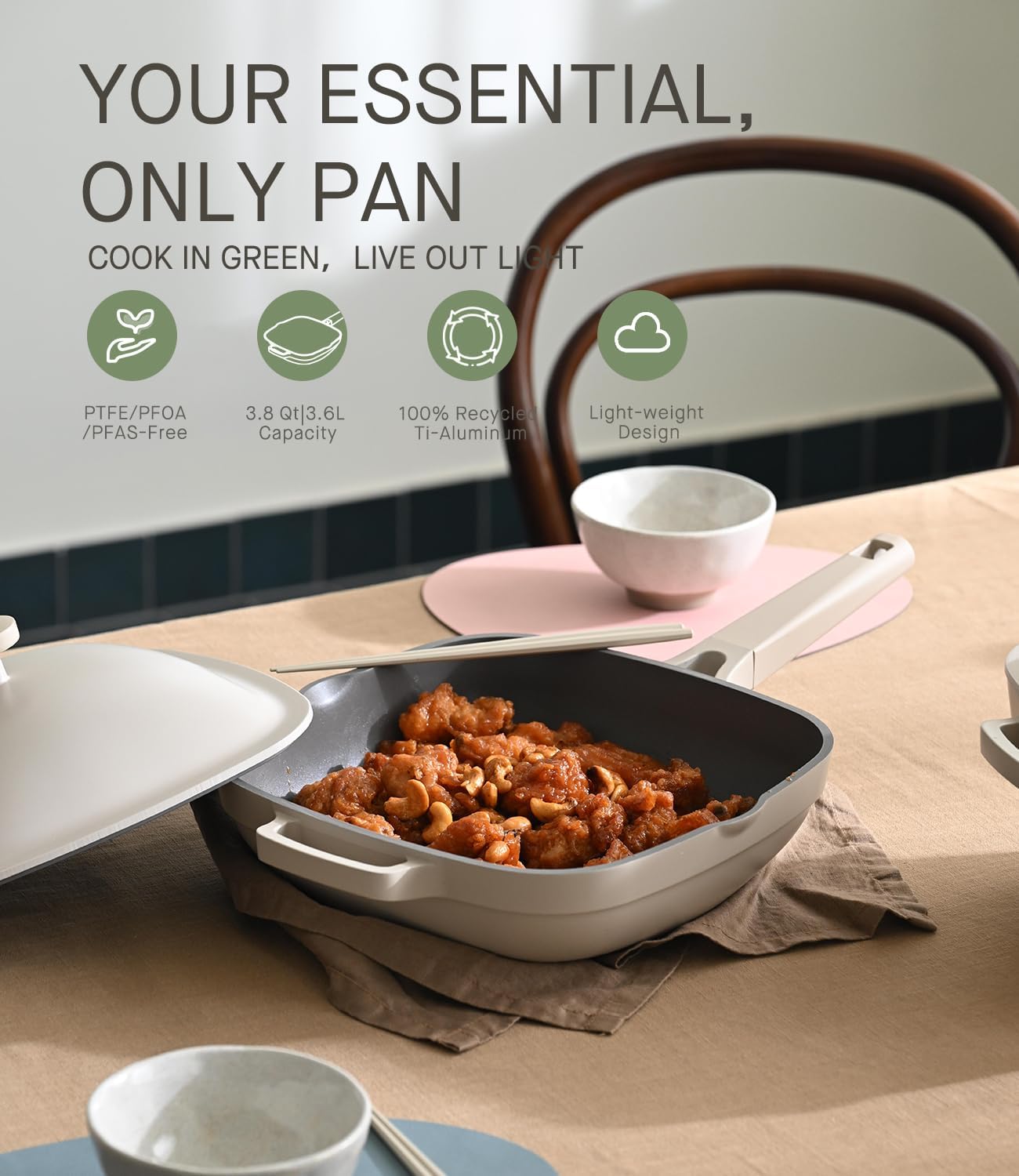 10.5 Inch(3.8QT) Deep Frying Pan,Non Stick Frying Pans Cast Aluminum,Ti-Ceramic Non Toxic Pix Pan with Lid,Natural Wooden Spatula and Loofah Scrubber-Morning Mist