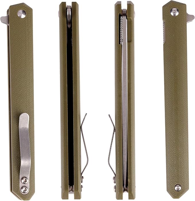 Samior G1035 Small Slim Folding Pocket Flipper Knife, 3.5 inch D2 Tanto Blade, Army Green G10 Handle with Liner Lock Pocket Clip, Gentleman's EDC Knives 1.3oz