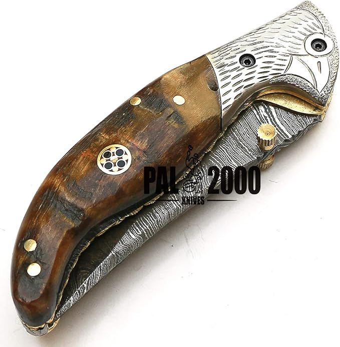 PAL 2000 KNIVES POC-9150 Custom Handmade Damascus Steel Folding Knife With Sheath