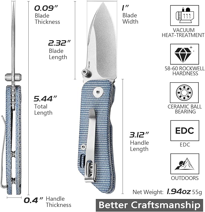 Folding Pocket Knife for EDC,2.32in Sandvik 14C28N Stainless Steel Blade,Blue Micarta Reversible Deep Carry Clip Handle,Thumb Studs Knives for Men,Bootes-04L
