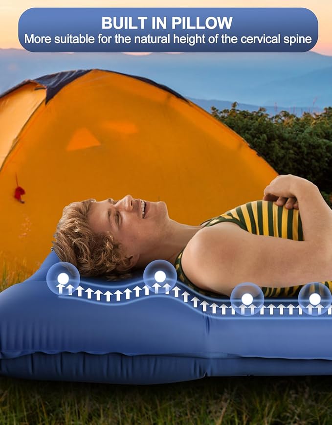 Extra Thick 5 Inch Camping Sleeping Pad - Self Inflating Sleeping Pad with Pillow, Camping Mattress Pad with Foot Pump, Sleeping Pad Mat for Camping Backpacking, Hiking, Traveling (Blue)