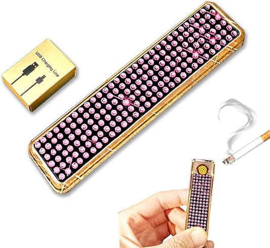 Rhinestone Lighter Electric Lighter Rechargeable Bling Glitter USB Lighter Flameless Girls Lighter for Women (Pink)