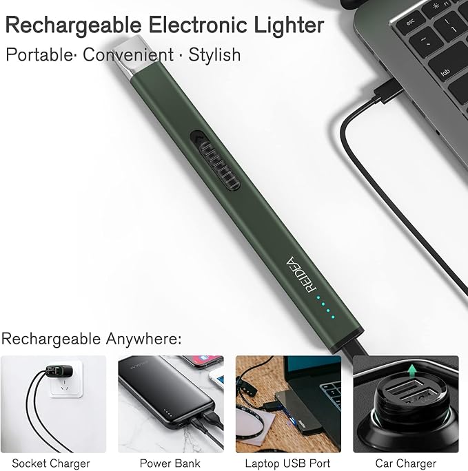 REIDEA Lighters 2 Pack R1 Flat Electronic Candle Lighter, Windproof Flameless USB Rechargeable Arc Lighter with Safe Button and Power Indicator for Candle, BBQ and Fireworks, Pine Green
