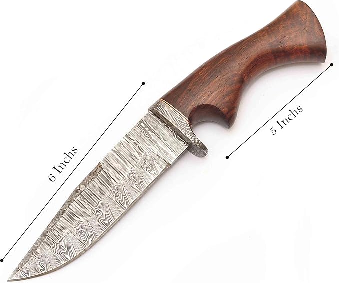 Handmade Damascus Steel Hunting Knife With Sheath Ideal for Outdoor, Skinning, Comping - Fixed Blade Knife with Rosewood Handle.