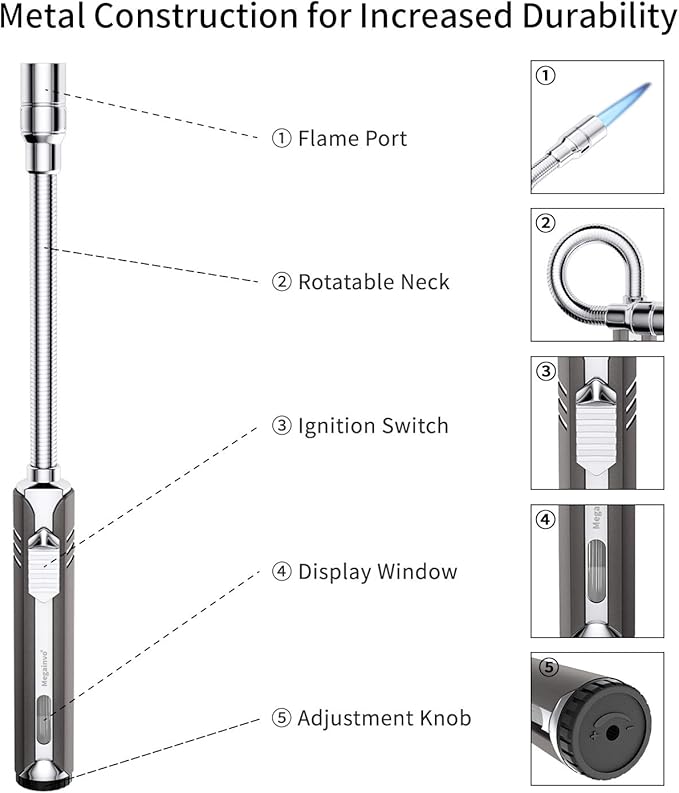 Butane Lighter Torch Long Lighter Refillable Adjustable Jet Flame Lighter Windproof Flexible with Visual Fuel Window Blow Torch for Stove BBQ Grill Fireplace Camping Kitchen (No Gas Include) - Grey