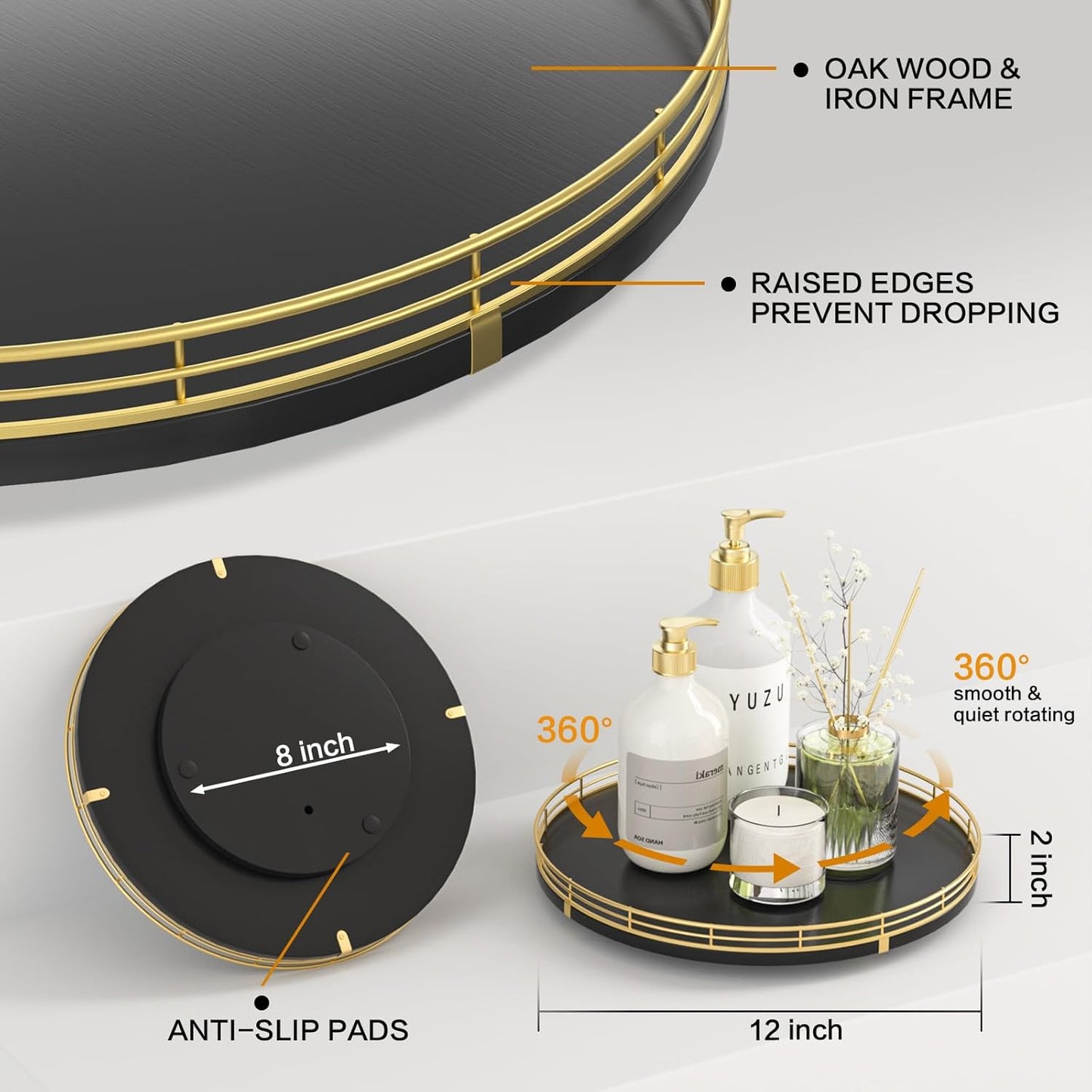 12" Oak Wood Lazy Susan Organizer, Lazy Susan for Cabinet Dining Table Pantry Wood Turntable Organizer Tray for Coffee Table Kitchen Countertop Spinning Spice Can Organization and Storage Round Gold