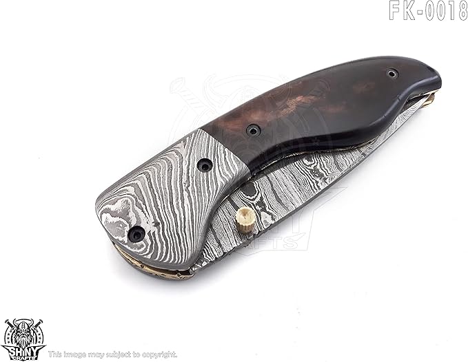 SHINY CRAFTS -Pocket Knife Damascus Hunting Knife OTF Knife Tactical Knife For Men- Pocket Knives - Everyday Carry - PlainEdge - Leather Sheath (FK 18)