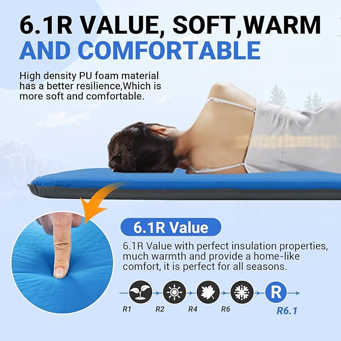 KingCamp Self Inflating Camping Pad 3" Thick Foam Sleeping Mattress 6.1R Value Soft Warm Portable Inflating Air Mat for Travel Hiking Tent,78"x30", Blue