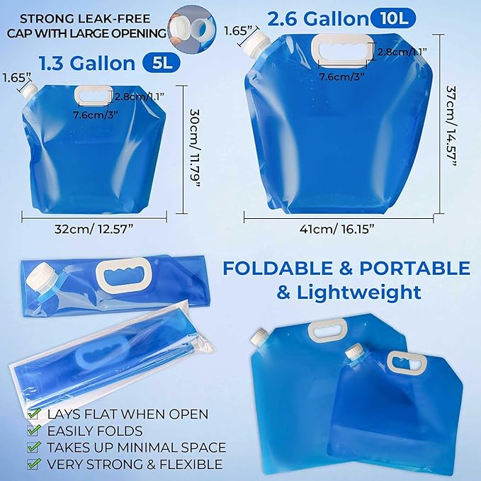 Hakkin Collapsible Water Container Bag 8 Pcs 5L/(1.3 Gallon), No-Leak Freezable Portable BPA Free Food Grade Plastic Storage Jug for Camping, Hiking, Travel, Emergency Survival Kit Bonus 2 Pcs Caps