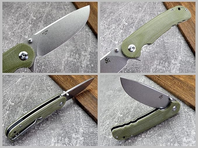 Sitivien ST106 Folding Knife, D2 Blade and Micarta Handle Flipper Pocket Knife, EDC Tool Knife for Outdoor Camping Hiking Survival(Army Green) …