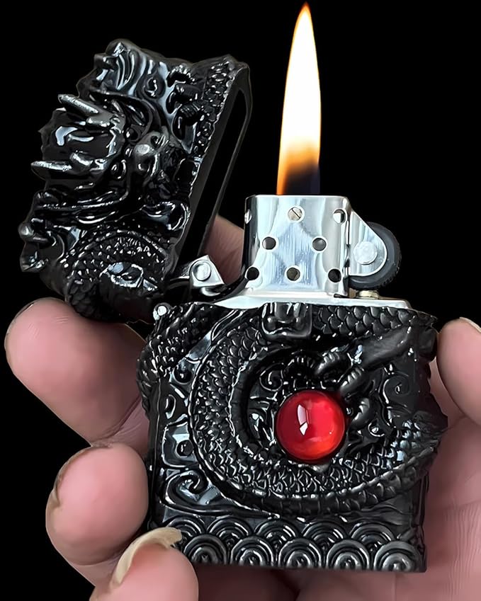 Dragon Lighter Premium Kerosene Soft Flame Lighter with Adjustable Flame, Refillable, Windproof and Pocket Size for Outdoor Camping, Travel, and Household Use (Black)