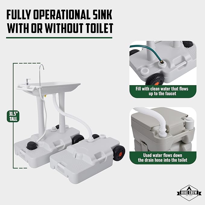 Hike Crew XL Portable Camping Sink & Waste Tank | Extra Large Hand Washing Station with 8 Gal Capacity, Hands-Free Foot Pump, Faucet, Soap Dispenser & Towel Rack | Includes 10 Gal Travel Waste Tank