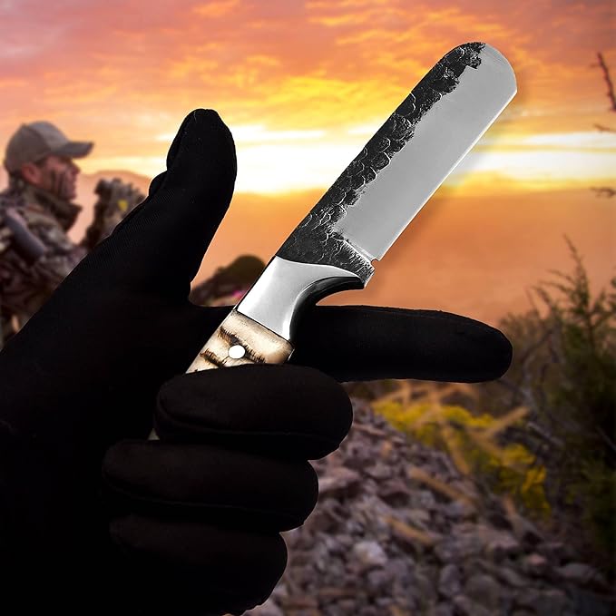 Handmade 1095 High Carbon Steel Bull Cutter Knife with Leather Sheath, Fixed Blade Cowboy Knife with Ram Horn Handle, Utility Knife, EDC Hunting, Outdoor - Camping (Ram Horn)