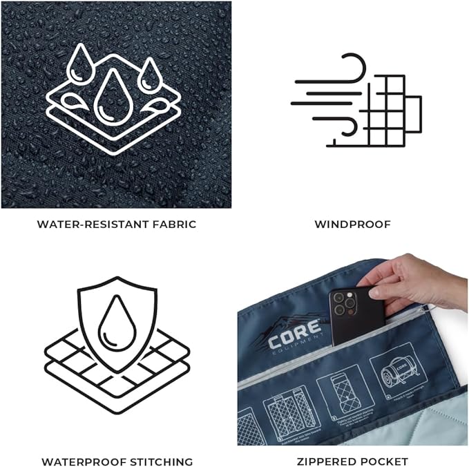 CORE Outdoor Weighted Blanket | Packable Waterproof Picnic Blanket, Beach Mat, Tent Camping Rug, & Stadium Blanket | Large Portable 94" x 78" Quilt Design with Built-in Straps and Carry Handle