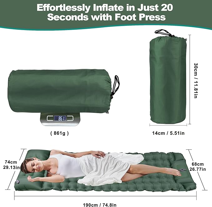 Self-Inflating Sleeping Mats for Camping, Camping Sleeping Pad for Camping, Ultralight Camping Mat with Pillow Built-in Foot Pump Inflatable Sleeping Pads Compact for Camping, Backpacking( Army Green)