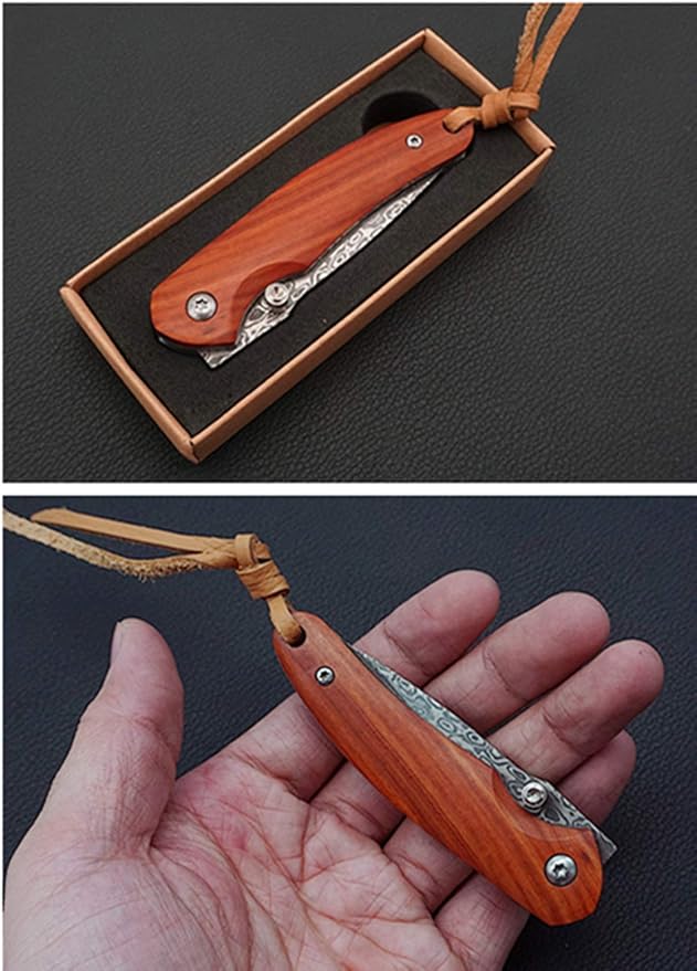 Folding Pocket Knife 2.6” Damascus Steel Blade and Natural Classic Red Sandalwood Handle Design, Outdoor EDC Portable Carry Keychain Knife