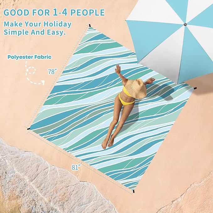 BYDOLL Beach Blanket Sandproof Waterproof 78''×81'' 1-4 Adults Compact Lightweight Oversized Beach Blanket Large Picnic Mat Beach Blanket for Travel Camping Hiking Picnic