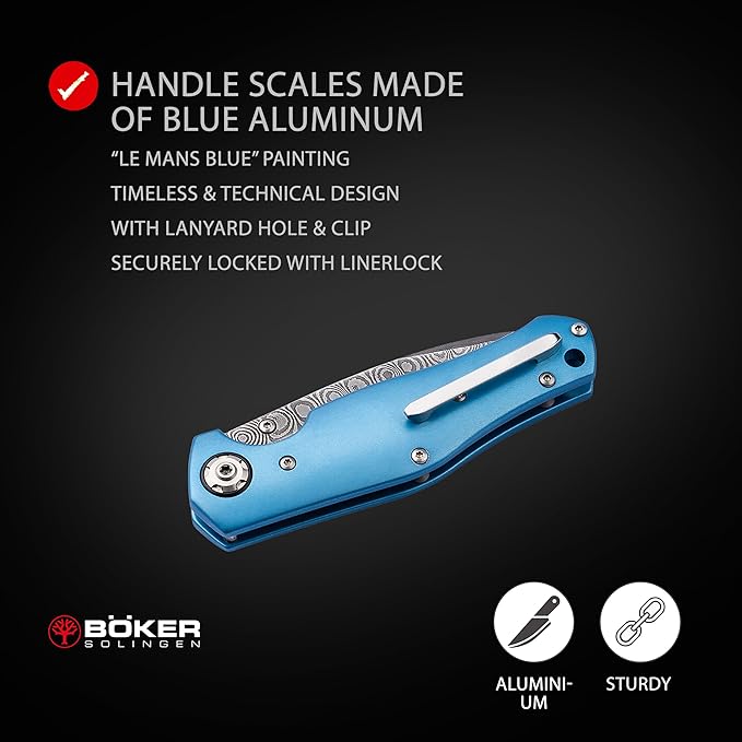 Boker Solingen® 1969 Z28 Damascus pocket knife - Damascus EDC folding knife with blue aluminum handle - linerlock knife with clip in Camaro design - handcrafted EDC knife in case with gift box