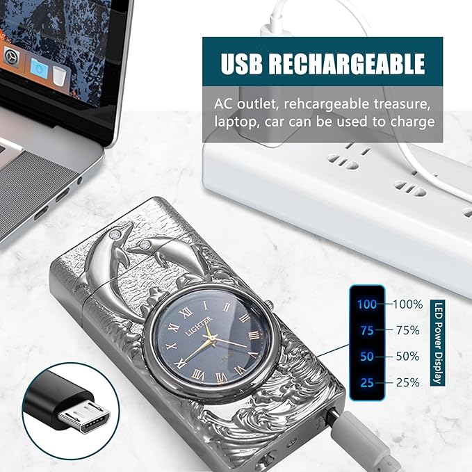 Electric Lighter Rechargeable USB Lighter Dual Arc Plasma Lighter Windproof Cool Candle Lighter with LED Battery Indicator for Candles, Fireworks, Incense (Silver Dolphin)