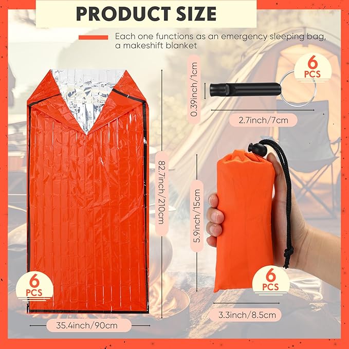 Qunclay 6 Set Emergency Sleeping Bag Portable Bivy Sack with Whistles Thermal Waterproof Survival Bag Foldable Lightweight Emergency Supplies for Outdoor Travel Camping Hiking