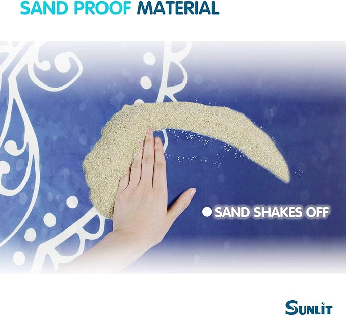 Sunlit Silky Soft 106"x81" Boho Sand Proof Beach Blanket Sand Proof Mat with Corner Pockets and Mesh Bag for Beach Party, Travel, Camping and Outdoor Music Festival, Blue and Pink Mandala
