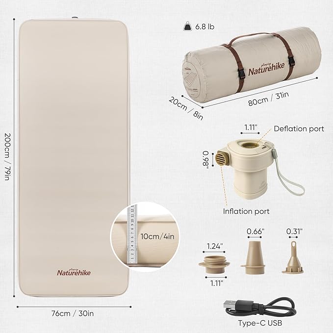 Naturehike Camping Mattress with Portable Air Pump, 4" Thick Self Inflating Sleeping Pad, Roll Up Bed, R-Value 9.5 for 4-Season Insulation, Comfort in Tent, Car, Truck, Van (Twin)