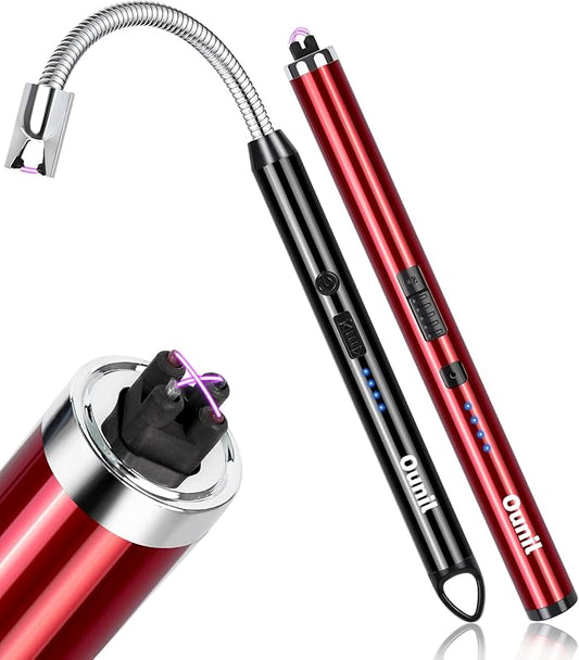 Ounil Electric Lighter 2-Pack Candle lighters USB Rechargeable Type-C Windproof Flameless arc Lighter LED Battery Display, Suitable for Light Candle Firework BBQ Camping (Red&black-Dual)