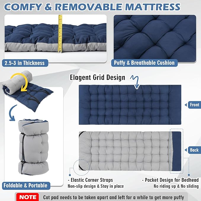 Oversized Folding Camping Cot 32inch w/Mattress, Heavy Duty Portable Sleeping Cot with Carry Bag, Double Layer Oxford Travel Camp Cots for Outdoors & Indoors, Suit for Adults Kids ，Navy/Grey