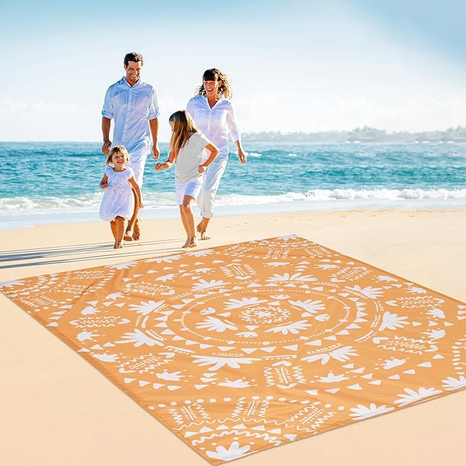 Sandproof Waterproof Beach Blanket, 78''×86'' Large Foldable Picnic Blankets for 1-4 Adults w/ 4 Stakes & 4 Pockets, Polyester Lightweight Sand Free Boho Outdoor Beach Mat for Camping, Hiking, Travel