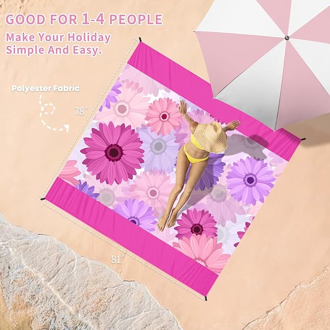 BYDOLL Beach Blanket Sandproof Waterproof 78''×81'' 1-4 Adults Compact Lightweight Oversized Beach Blanket Large Picnic Mat Beach Blanket for Travel Camping Hiking Picnic