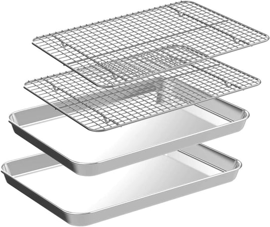 Jelly Roll Pan with Cooling Rack Set [2 Baking Pans + 2 Baking Racks], CEKEE Stainless Steel Baking Sheet Tray with Wire Rack Set, Commercial Quality, Rust Proof & Nonstick, Size 15.94 x 12 x 1 Inch