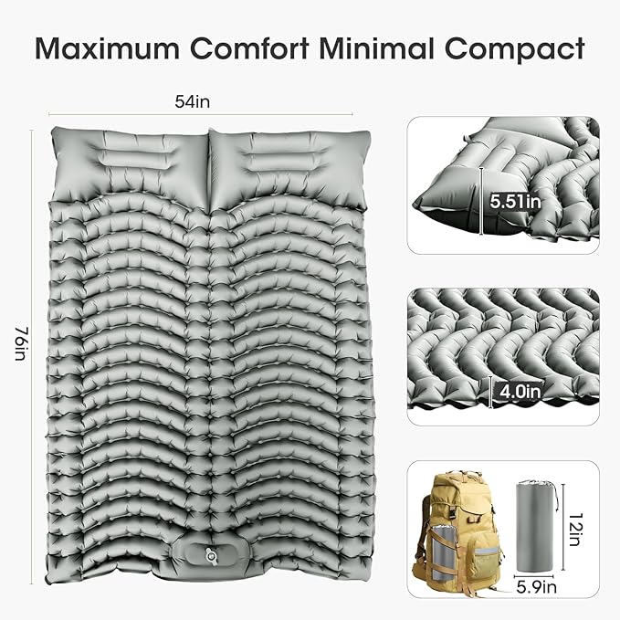 Double Sleeping Pad Extra Thick,Self Inflating Camping Mattress 2 Person with Pillow Built-in Foot Pump Reinforced Support Structure Inflatable Sleeping Mat Portable for Home Tent Backpacking Hiking