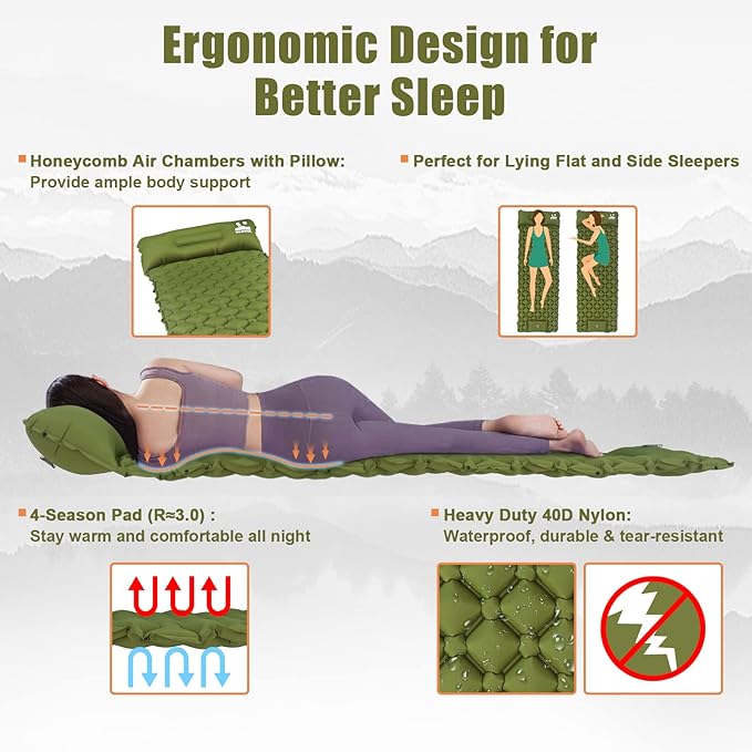 Sleeping Pad for Camping, 79" x 27" Comfort Inflatable Camping Mattress with Pillow, Lightweight Sleeping Mat for Outdoor, Backpacking, Hiking