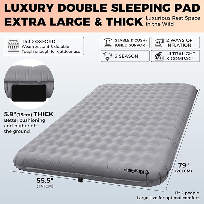 KingCamp Self Inflating Sleeping Pad for Camping Ultra Thick Double Single Foam Mattress High R Value Camping Air Pad Mat, Multi Colors & Sizes