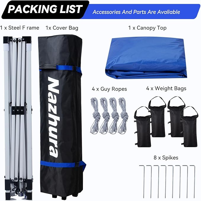Nazhura 10' x 10' Pop Up Canopy Tent with Sand Weight Bag, Freestanding Sun Shelter for Picnic and Camping, One Person Setup and Height Adjustable (Blue)