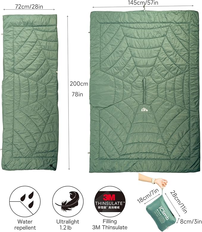 iClimb Hooded 3M Thinsulate Insulation Warm Camping Blanket Wearable Poncho Ultralight Compact (Green)