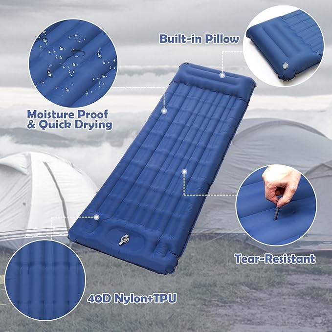 Camping Mat, Lightweight and Inflatable Sleeping Pad with Built-in Pump for a Cozy Sleep Experience Includes Bonus Pillow for Extra Neck Support Perfect for Cold Weather Camping