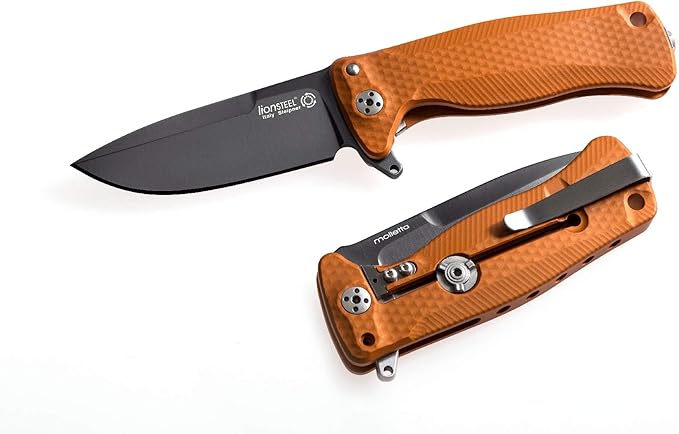 Lion Steel SR22A Sleipner Frame Lock Folding Pocket Knife - Machined Aluminum Handle, IKBS Ball Bearing System, Dual Carry Clip (Orange Handle, Black Blade), one Size