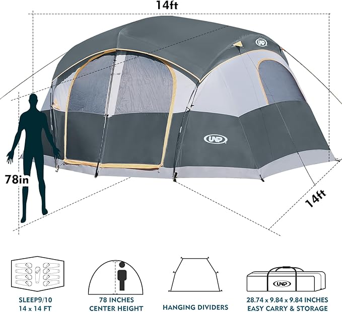 UNP Camping Tent 8/9 Person, Family Camping Tent, 5 Large Ventilation Mesh Windows, 14'x14'x78 inches Tall with Dividers Curtain for 2 Room