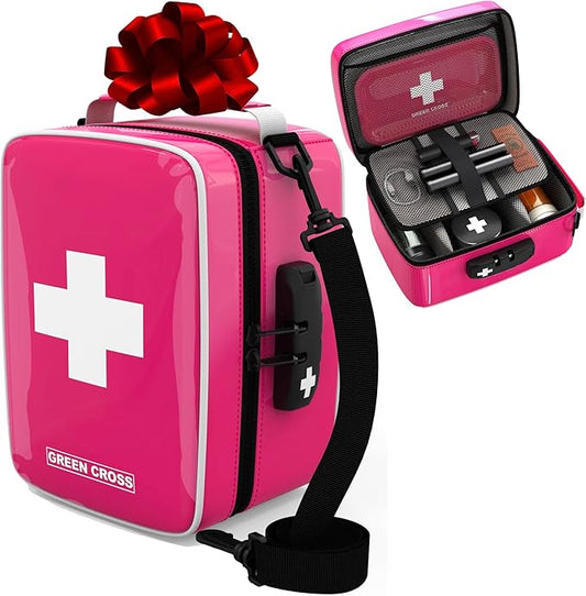 GREEN CROSS Smell Proof Medicine Bag with Combination Lock 8.5" x 5.5" x 4.5"(Pink Vinyl)