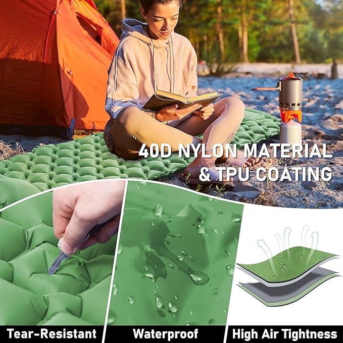 Camping Sleeping Pad with Compass, Ultralight Inflatable Sleeping Mat with Pillow, Built-in Foot Pump, Portable Camping Air Mattress for Backpacking Hiking Traveling Tent(Green)