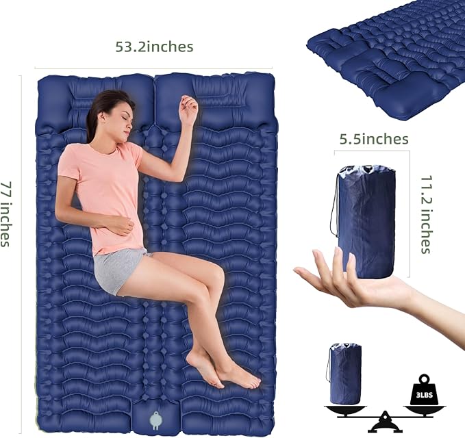 Double Sleeping Pad for Camping, Self-Inflating Sleeping Mat with Built-in Foot Pump, Air Mattress with Pillows, Foldable Camping Sleeping Pad for Hiking, Backpacking, Traveling (Blue)