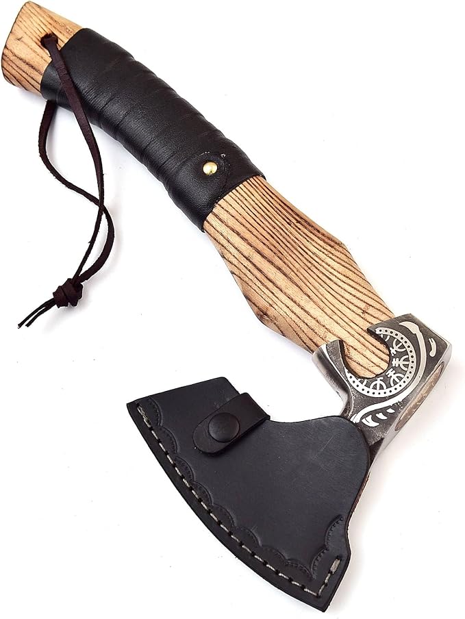 H&A CRAFTS® Viking Axe The Ragnar Lothbrok Real, and Custom Crafted with Leather Sheath Carbon Steel Camping Hatchet Personalized Gifts for Men (Runes Black Viking Axe)