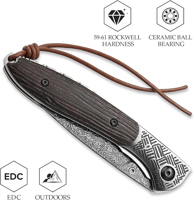 Handmade Damascus Steel Folding Pocket Knife,Bark Textures Ebony Handle Thumb Stud Knives for Men EDC Hunting Camping,Piscis Austrinus-01E