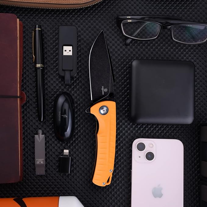 Relicanth Pocket Knife, 3.2" Stonewashed Titanium Coating D2 Blade Orange G10 Handle Liner Lock Folding Knife with Pocket Clip Qualified as Outdoor Hunting Knife