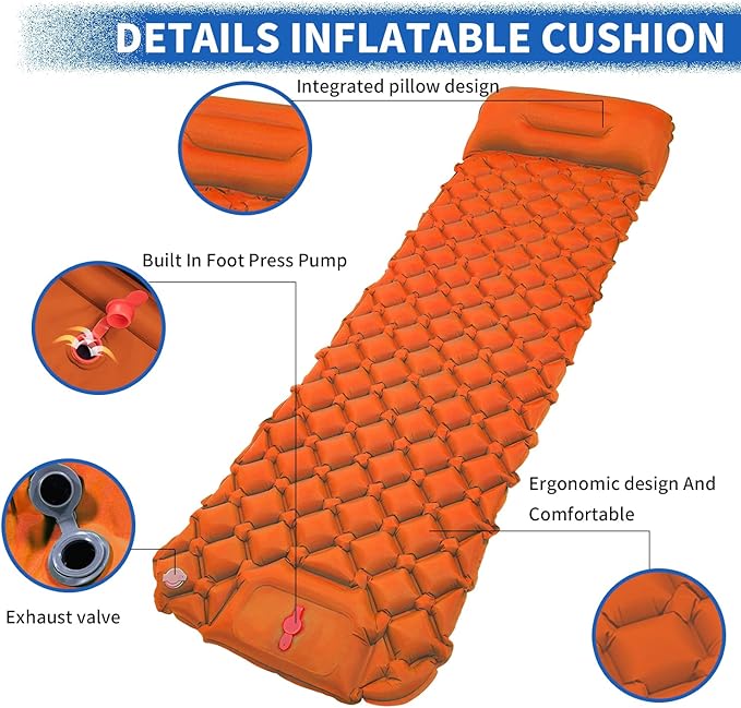DDD Ultra-Light Inflatable Camping Sleeping Pad with its Built-in Foot Pump and Pillow - The Ultimate Camping pad, Hiking pad, Backpacking Pad and Lightweight for a Outdoor Sleep——Orange